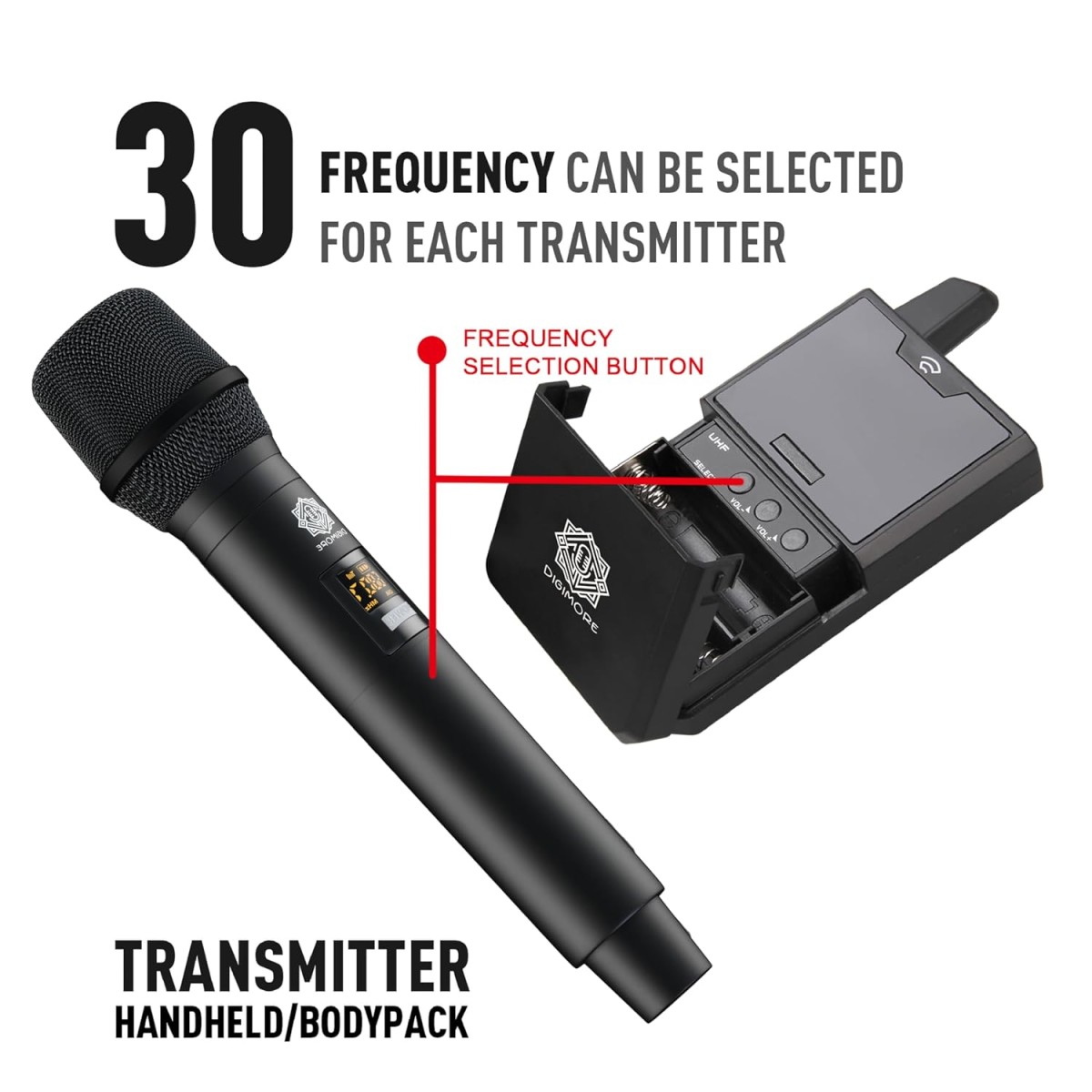 DIGIMORE Dual UHF Wireless Handheld Microphone for Camera & Smartphones | 30 Channels | 324ft Range | Cardioid Pickup | for Interviews, Vlogging, Singing & Events (D-343 HH)