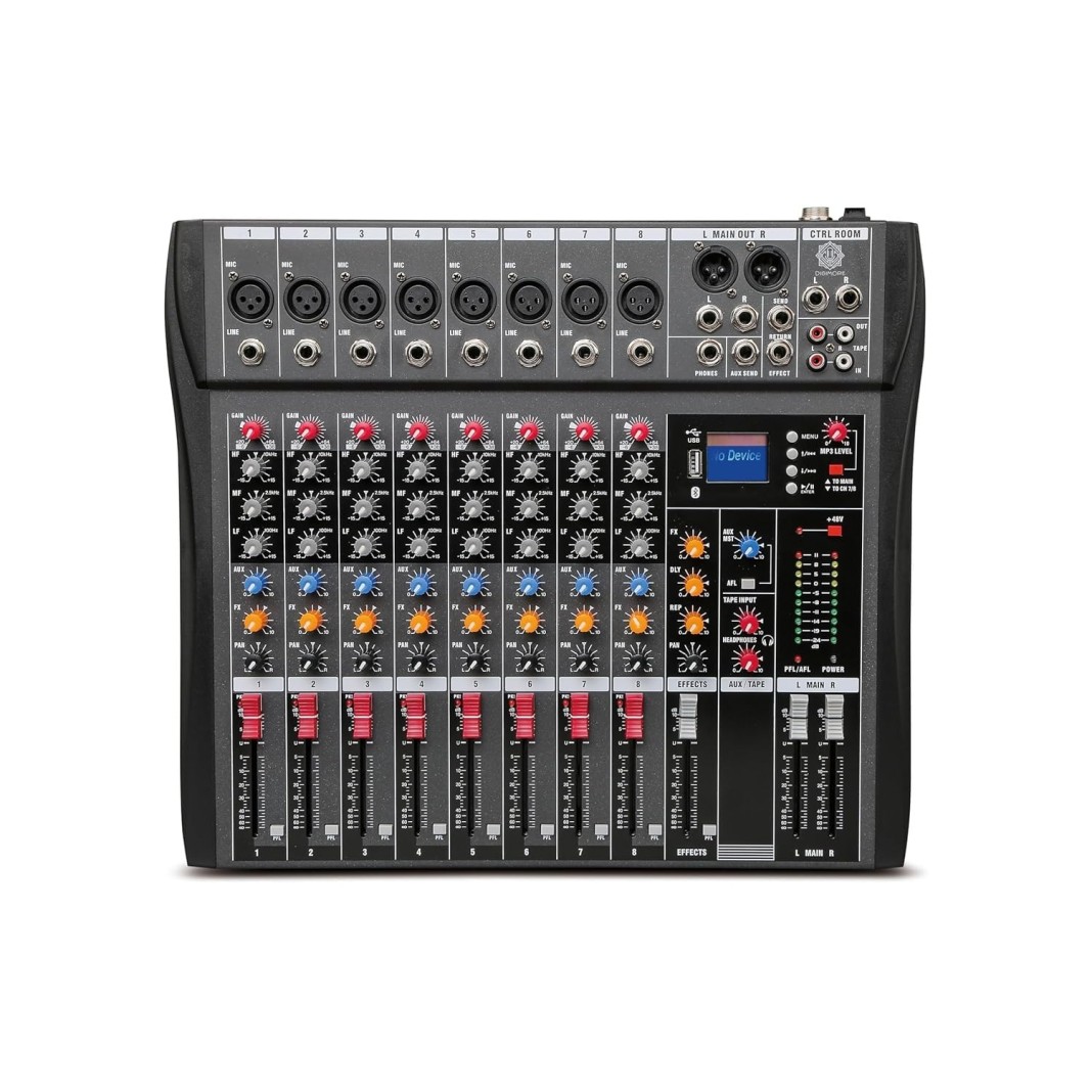 DIGIMORE Professional 8 Channel Mixer | 8 XLR + 6.35MM Input Ports | USB MP3 & BT Support | 48V Phantom Power | Delay & Repeat FX | Stereo Output | Headphone, Aux, EFF Outs (D-260)