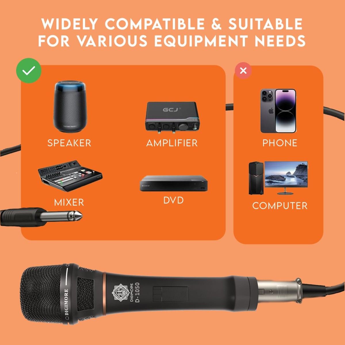 DIGIMORE Professional XLR Dynamic Microphone | Cardioid Pickup | Anti-Shock Metal Capsule | 20ft XLR Cable & Mic Holder | Ideal for Singing, Karaoke, Recording, DJ & Live Performances (D-1050)