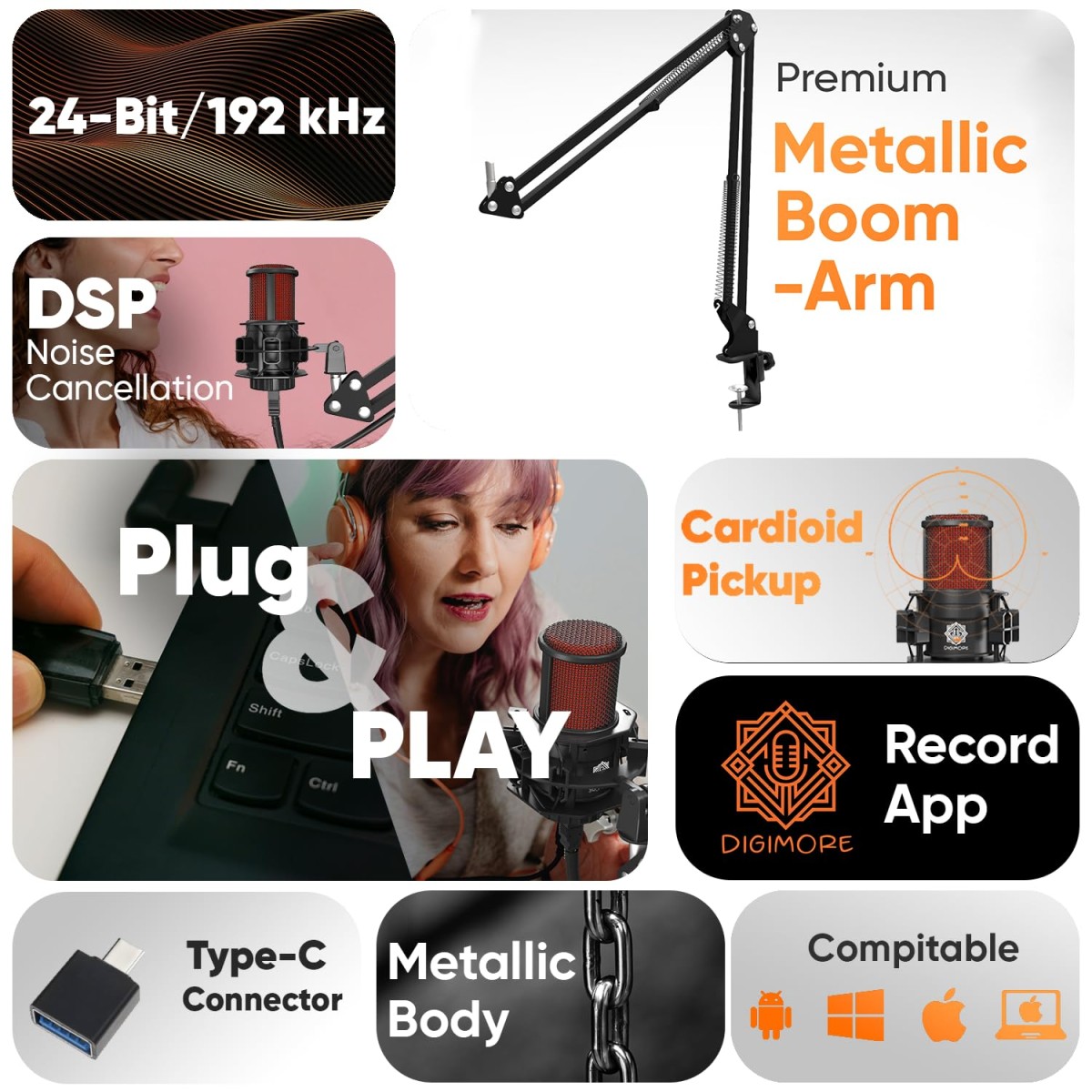 DIGIMORE USB Condenser Microphone Kit | 192kHz/24bit | BoomArm, Pop Filter, Mic Cover, Shock Mount, Tripod & 2.5M USB Cable | Podcasting, Gaming, Singing & Live Streaming (D-500)