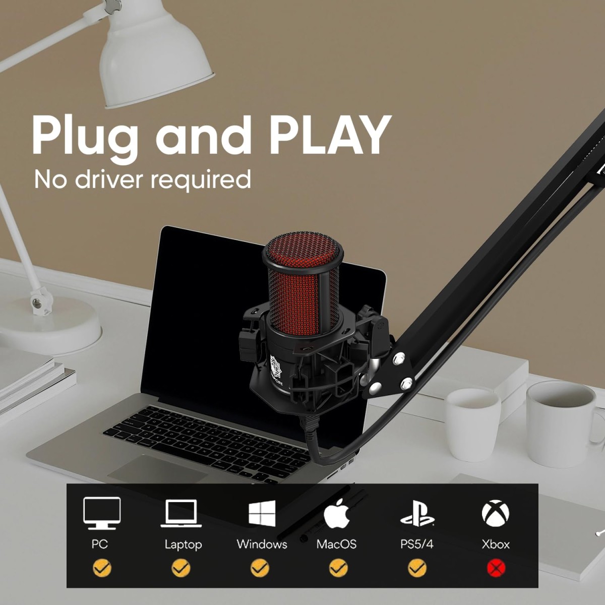 DIGIMORE USB Condenser Microphone Kit | 192kHz/24bit | BoomArm, Pop Filter, Mic Cover, Shock Mount, Tripod & 2.5M USB Cable | Podcasting, Gaming, Singing & Live Streaming (D-500)