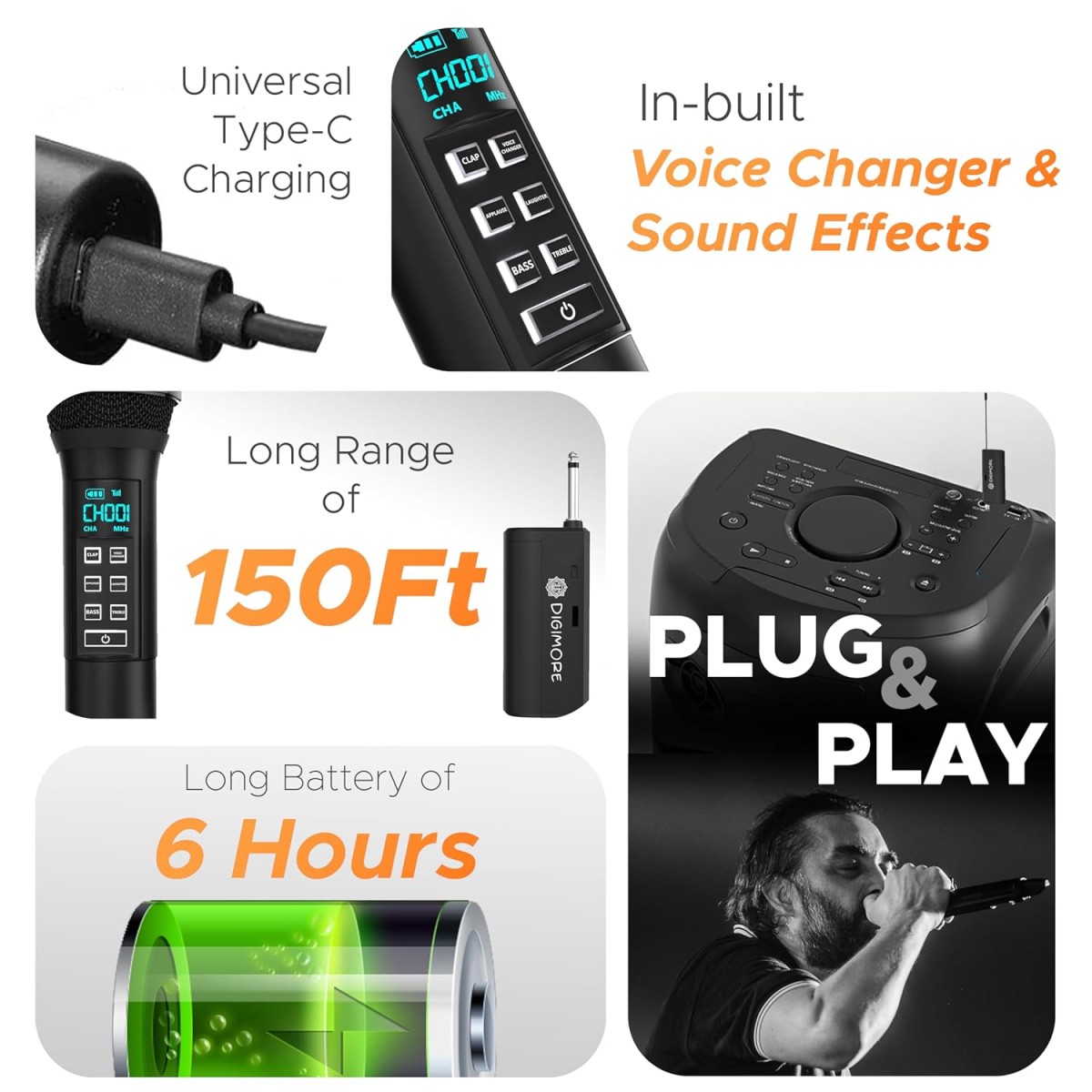 DIGIMORE Wireless Microphone System with AI Voice Changer | Built-in Echo, Bass & Sound Effects | 150ft Range | 2400 MHz Mic Ideal for Parties, Singing & Classrooms (D-356) DIGIMORE Wireless Microphone System with AI Voice Changer | Built-in Echo, Bass & Sound Effects | 150ft Range | 2400 MHz Mic Ideal for Parties, Singing & Classrooms (D-356)