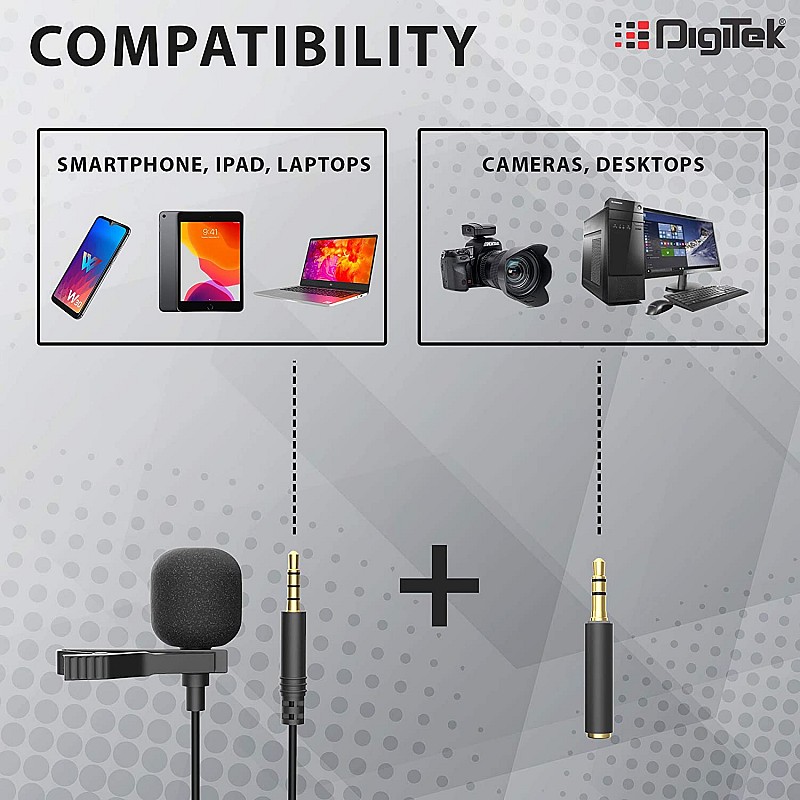 DIGITEK  (DM 01) Lavalier Condenser Microphone with Battery & 20ft Audio Cable for Smartphones 