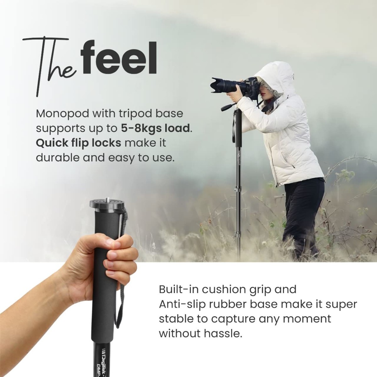 DIGITEK (DMP 60N) Professional Monopod with 4 Extendable Sections & Dual Mount Thread Adapter (1/4inch and 3/8inch), Load Upto: 5 kgs, Max. Operating Height: 157 CM (Black)
