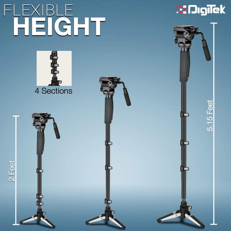 DIGITEK (DMP 60N) Professional Monopod with 4 Extendable Sections & Dual Mount Thread Adapter (1/4inch and 3/8inch), Load Upto: 5 kgs, Max. Operating Height: 157 CM (Black) DIGITEK (DMP 60N) Professional Monopod with 4 Extendable Sections & Dual Mount Thread Adapter (1/4inch and 3/8inch), Load Upto: 5 kgs, Max. Operating Height: 157 CM (Black)