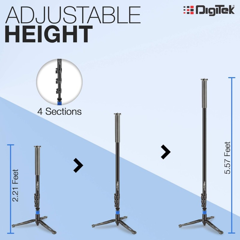 DIGITEK (DMP 60N) Professional Monopod with 4 Extendable Sections & Dual Mount Thread Adapter (1/4inch and 3/8inch), Load Upto: 5 kgs, Max. Operating Height: 157 CM (Black) DIGITEK (DMP 60N) Professional Monopod with 4 Extendable Sections & Dual Mount Thread Adapter (1/4inch and 3/8inch), Load Upto: 5 kgs, Max. Operating Height: 157 CM (Black)