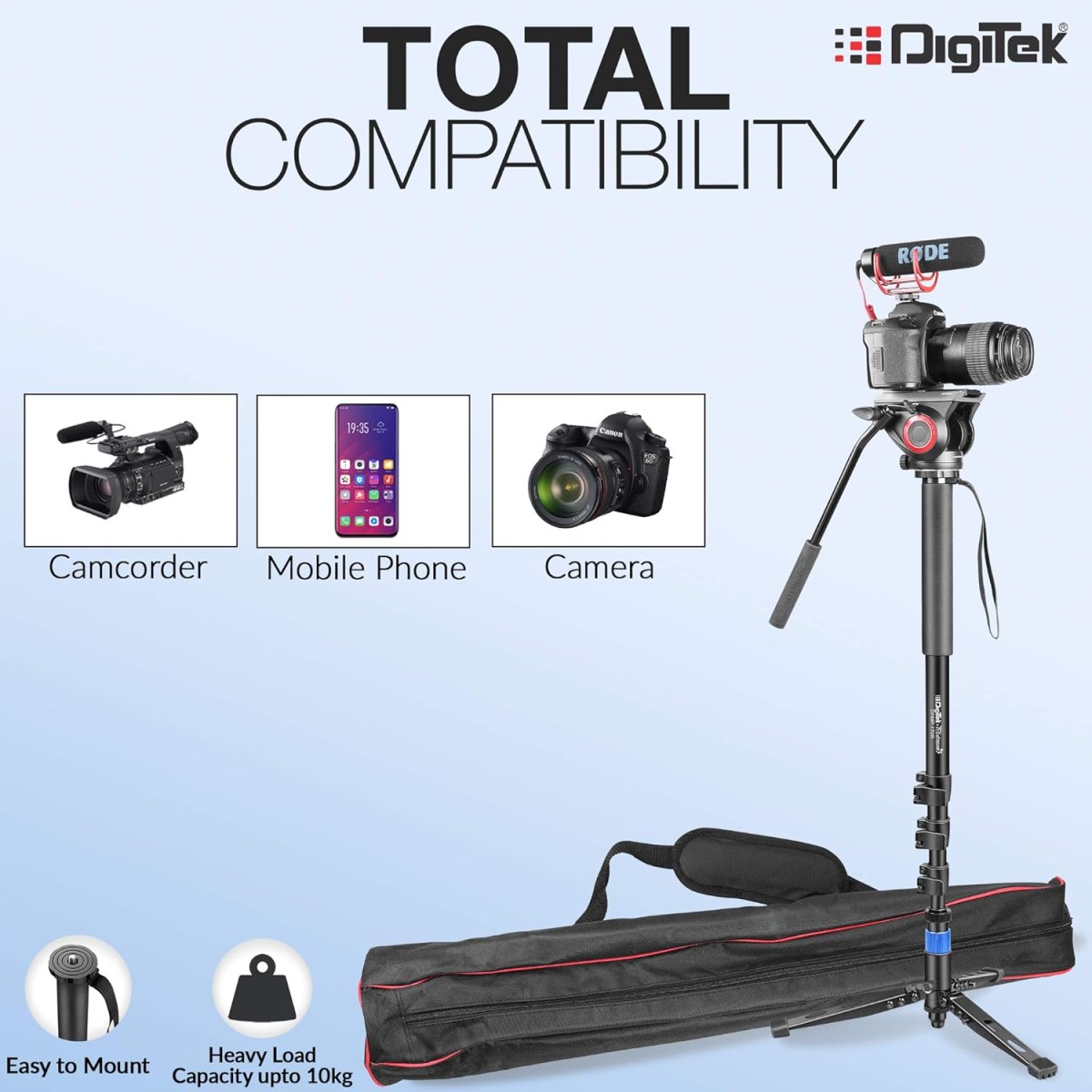 DIGITEK (DMP 60N) Professional Monopod with 4 Extendable Sections & Dual Mount Thread Adapter (1/4inch and 3/8inch), Load Upto: 5 kgs, Max. Operating Height: 157 CM (Black)