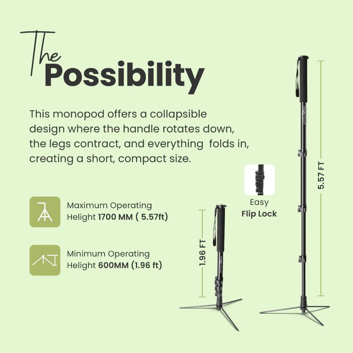 DIGITEK (DMP 60N) Professional Monopod with 4 Extendable Sections & Dual Mount Thread Adapter (1/4inch and 3/8inch), Load Upto: 5 kgs, Max. Operating Height: 157 CM (Black)