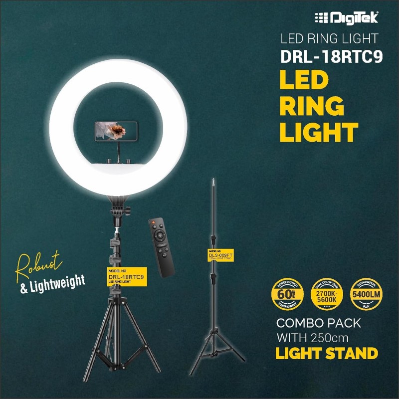 DIGITEK® (DRL 18RT C9) 18 Inch LED Ring Light with Remote Control & 250cm Stand - Smartphone Grip - AC Powered, USB Support - Adjustable Lighting Intensity - Photo, Video Shoots, Makeup, & Vlogging DIGITEK® (DRL 18RT C9) 18 Inch LED Ring Light with Remote Control & 250cm Stand - Smartphone Grip - AC Powered, USB Support - Adjustable Lighting Intensity - Photo, Video Shoots, Makeup, & Vlogging