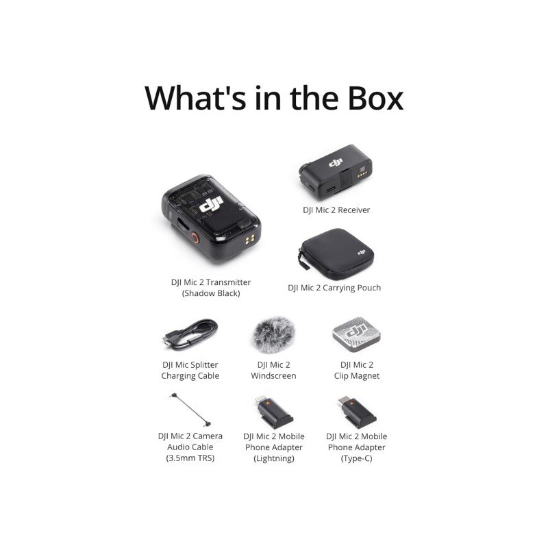 DJI MIC 2 (1 TX + 1 RX), Wireless Microphone with Intelligent Noise Cancelling, 32-bit Float Internal Recording, Optimized Sound, 250m (820 ft.) Range, Microphone for iPhone, Android, Camera, Vlogs DJI MIC 2 (1 TX + 1 RX), Wireless Microphone with Intelligent Noise Cancelling, 32-bit Float Internal Recording, Optimized Sound, 250m (820 ft.) Range, Microphone for iPhone, Android, Camera, Vlogs