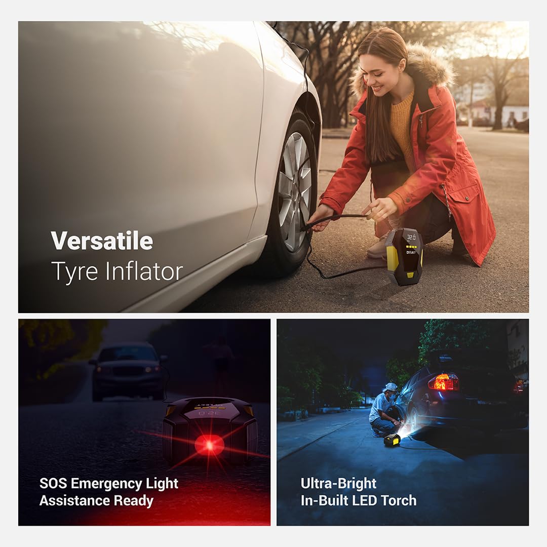 DYLECT Digital Tyre Inflator for Car, 12V DC, 22mm Cylinder, Upto 150 PSI, Portable Air Compressor Pump with LED Light, Auto Shut-Off, Sleek and Portable, Copper Winding, Fast Inflation, Carry Bag