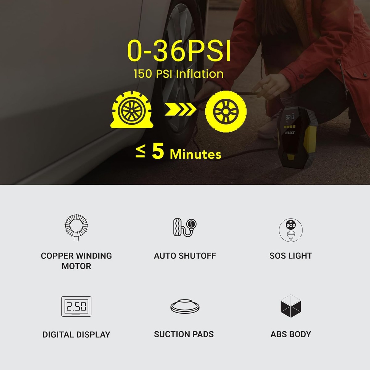 DYLECT Digital Tyre Inflator for Car, 12V DC, 22mm Cylinder, Upto 150 PSI, Portable Air Compressor Pump with LED Light, Auto Shut-Off, Sleek and Portable, Copper Winding, Fast Inflation, Carry Bag