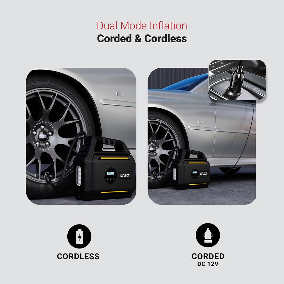 DYLECT Digital Tyre Inflator for Car, 12V DC, 22mm Cylinder, Upto 150 PSI, Portable Air Compressor Pump with LED Light, Auto Shut-Off, Sleek and Portable, Copper Winding, Fast Inflation, Carry Bag
