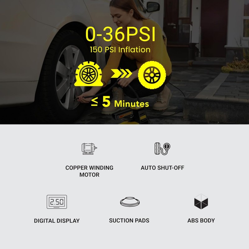 DYLECT Digital Tyre Inflator for Car, 12V DC, 22mm Cylinder, Upto 150 PSI, Portable Air Compressor Pump with LED Light, Auto Shut-Off, Sleek and Portable, Copper Winding, Fast Inflation, Carry Bag
