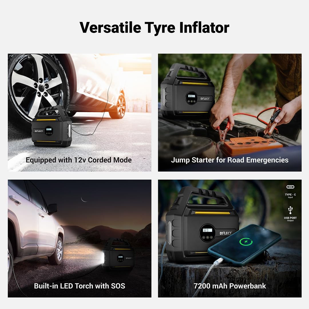 DYLECT Digital Tyre Inflator for Car, 12V DC, 22mm Cylinder, Upto 150 PSI, Portable Air Compressor Pump with LED Light, Auto Shut-Off, Sleek and Portable, Copper Winding, Fast Inflation, Carry Bag