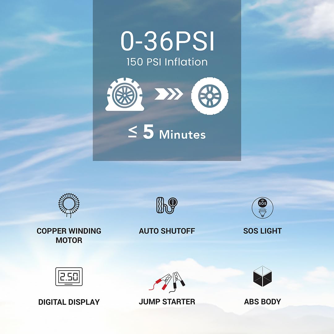 DYLECT Digital Tyre Inflator for Car, 12V DC, 22mm Cylinder, Upto 150 PSI, Portable Air Compressor Pump with LED Light, Auto Shut-Off, Sleek and Portable, Copper Winding, Fast Inflation, Carry Bag