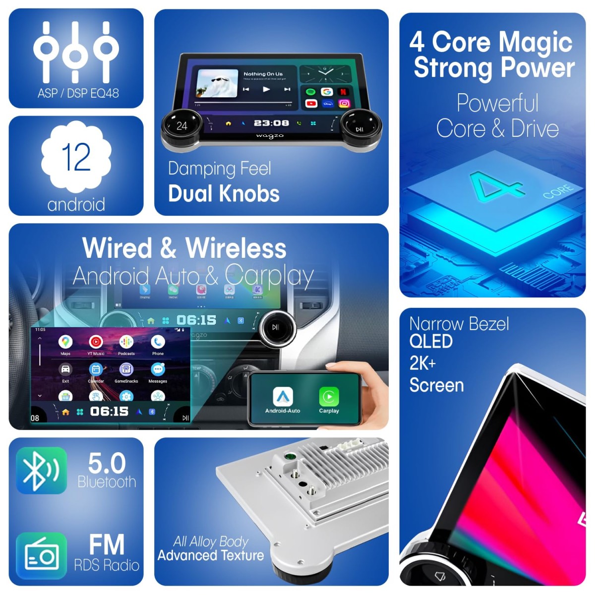 Diamond 2K Car Android System Touch Screen 4GB+64GB|4 Core|Wireless Carplay Adapter & Android Auto | Car Stereo |Universal All Cars| Including AHD Rear View Camera| 1+1 Years Warranty | WAD-06