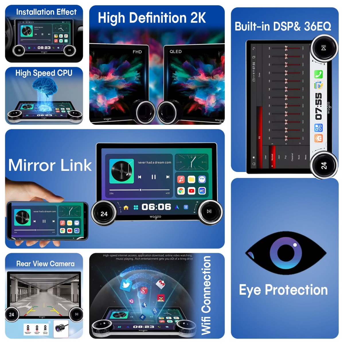 Diamond 2K Car Android System Touch Screen 4GB+64GB|4 Core|Wireless Carplay Adapter & Android Auto | Car Stereo |Universal All Cars| Including AHD Rear View Camera| 1+1 Years Warranty | WAD-06