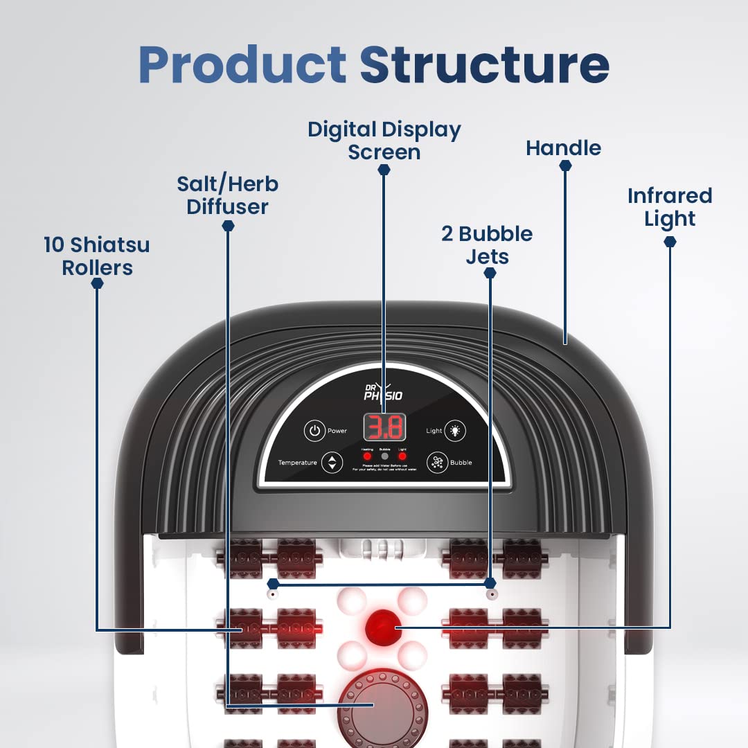 Dr Physio Electric Foot Spa Pedicure Massager Machine with Digital Screen, Bubble, 10 Massage Roller, Heat for Pain Relief-1025 (Black)