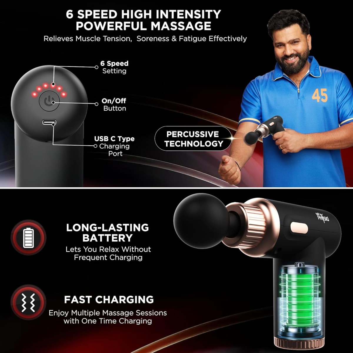 Dr Physio USA Dynamo 1034 Percussion Gun Massager for Full Body Pain Relief, Rechargeable Cordless Deep Tissue Massage Machine for Legs & Arms, Use at Home, Gym & During Travel Dr Physio USA Dynamo 1034 Percussion Gun Massager for Full Body Pain Relief, Rechargeable Cordless Deep Tissue Massage Machine for Legs & Arms, Use at Home, Gym & During Travel