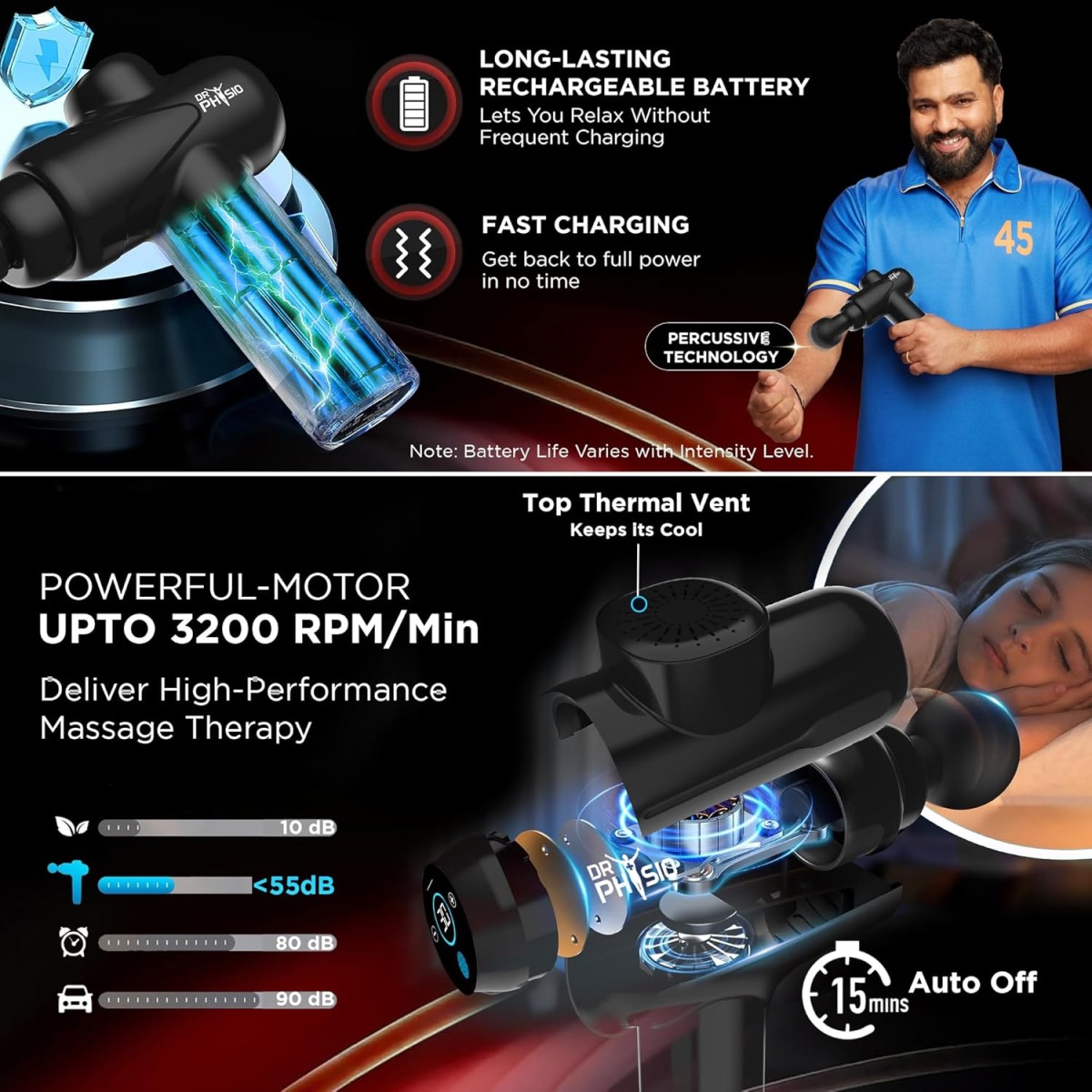 Dr Physio USA Touch Dynamo 1049 Percussion Gun Massager for Full Body Pain Relief, Rechargeable Cordless Deep Tissue Massage Machine for Legs & Arms, Use at Home, Gym & During Travel Dr Physio USA Touch Dynamo 1049 Percussion Gun Massager for Full Body Pain Relief, Rechargeable Cordless Deep Tissue Massage Machine for Legs & Arms, Use at Home, Gym & During Travel