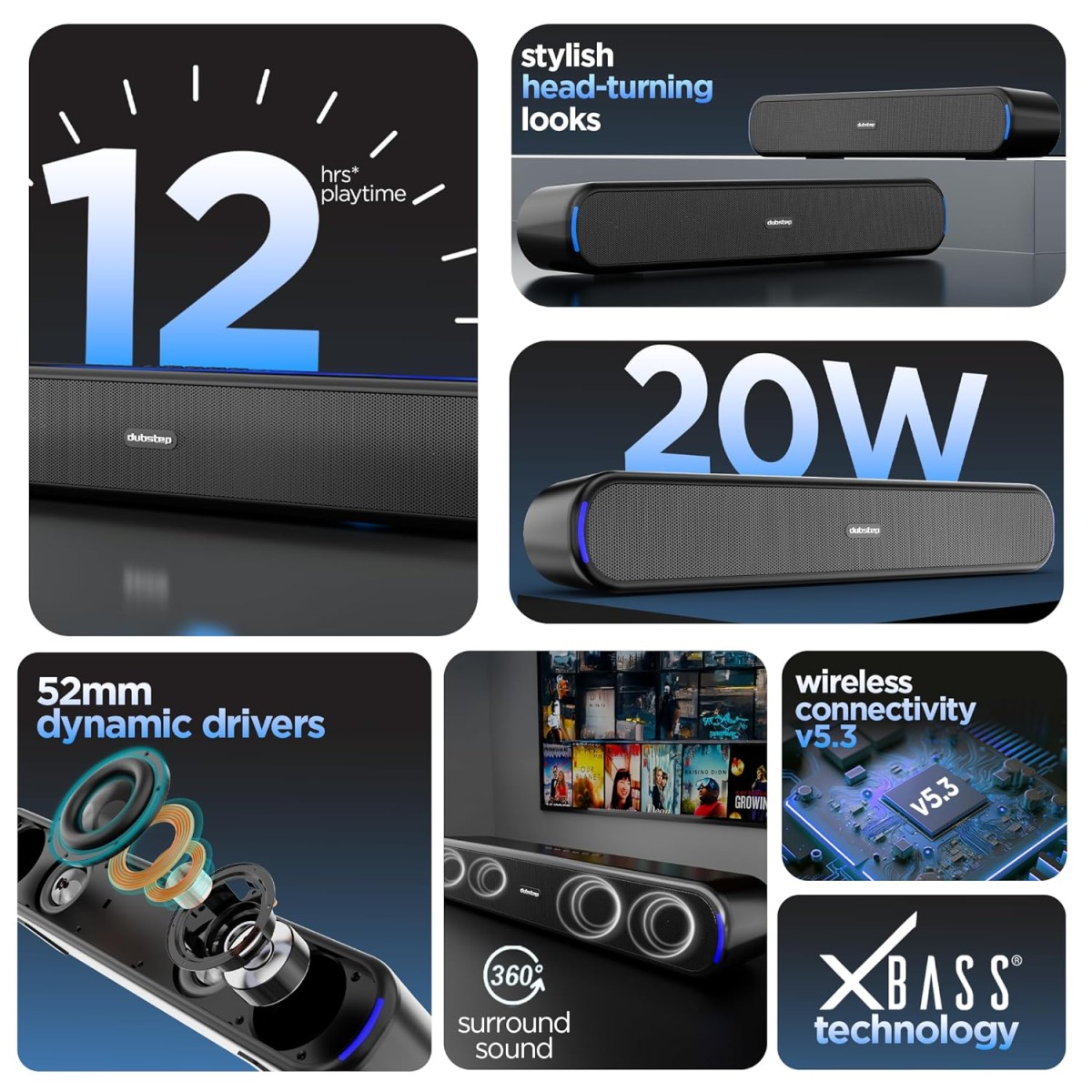 Dubstep Move 210 with 12 Hrs Playtime, 52mm Dynamic Driver, TWS Pairing, 20 W Bluetooth Soundbar (Black, 2.0 Channel) Dubstep Move 210 with 12 Hrs Playtime, 52mm Dynamic Driver, TWS Pairing, 20 W Bluetooth Soundbar (Black, 2.0 Channel)