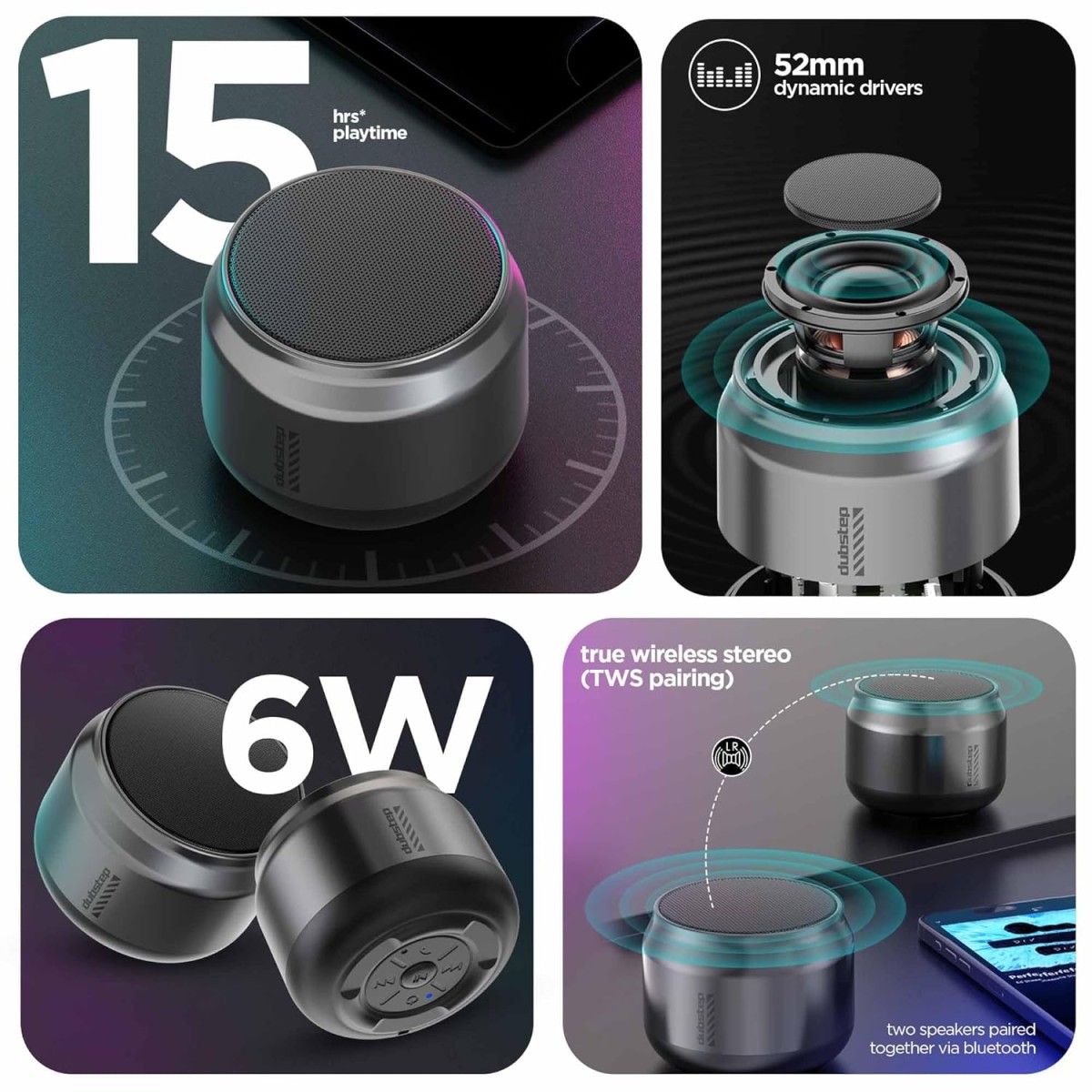Dubstep Pop 600 Wireless Speaker, 15 Hrs Playtime, 52mm Driver, TWS Pairing, 6W Output Bluetooth Speakers (Grey) Dubstep Pop 600 Wireless Speaker, 15 Hrs Playtime, 52mm Driver, TWS Pairing, 6W Output Bluetooth Speakers (Grey)