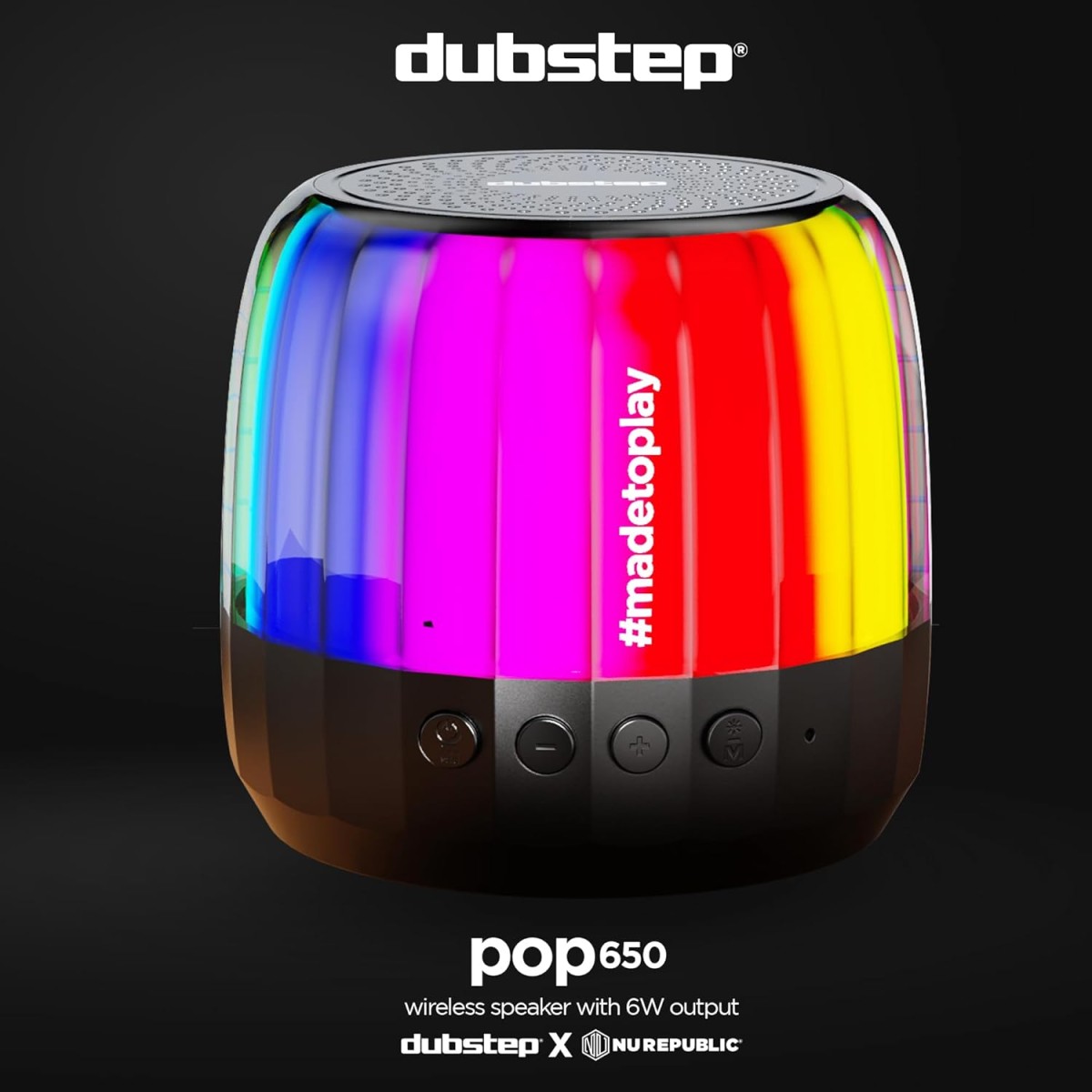 Dubstep Pop 650 Wireless Speaker with 15 Hrs Playtime, 52mm Dynamic Driver, Multiple RGB Lights, TWS Pairing, 6 W Output (Black) Dubstep Pop 650 Wireless Speaker with 15 Hrs Playtime, 52mm Dynamic Driver, Multiple RGB Lights, TWS Pairing, 6 W Output (Black)