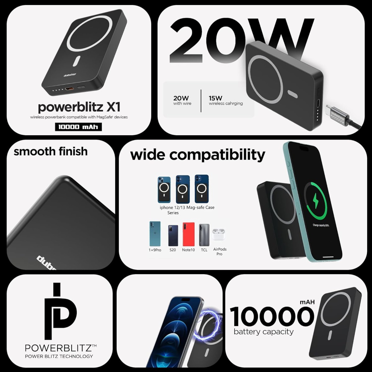 Dubstep Powerblitz X1 10,000 mAh 20W 12W Fast Charging Wired & Wireless Charging Compact Pocket Size Power Bank with Type-C to Type-C Cable (Black) Dubstep Powerblitz X1 10,000 mAh 20W 12W Fast Charging Wired & Wireless Charging Compact Pocket Size Power Bank with Type-C to Type-C Cable (Black)