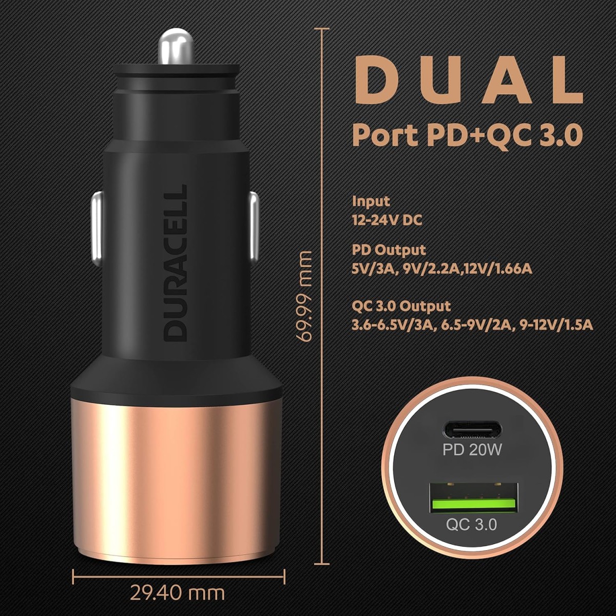 Duracell 38W Fast Car Charger Adapter with Dual Output. Quick Charge, Type C PD 20W & Qualcomm Certified 3.0 (Copper & Black)