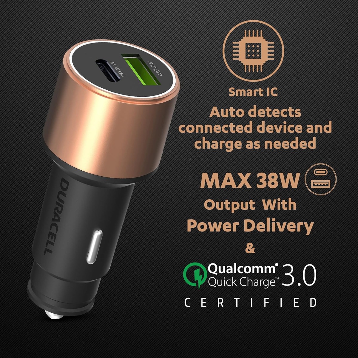 Duracell 38W Fast Car Charger Adapter with Dual Output. Quick Charge, Type C PD 20W & Qualcomm Certified 3.0 (Copper & Black)