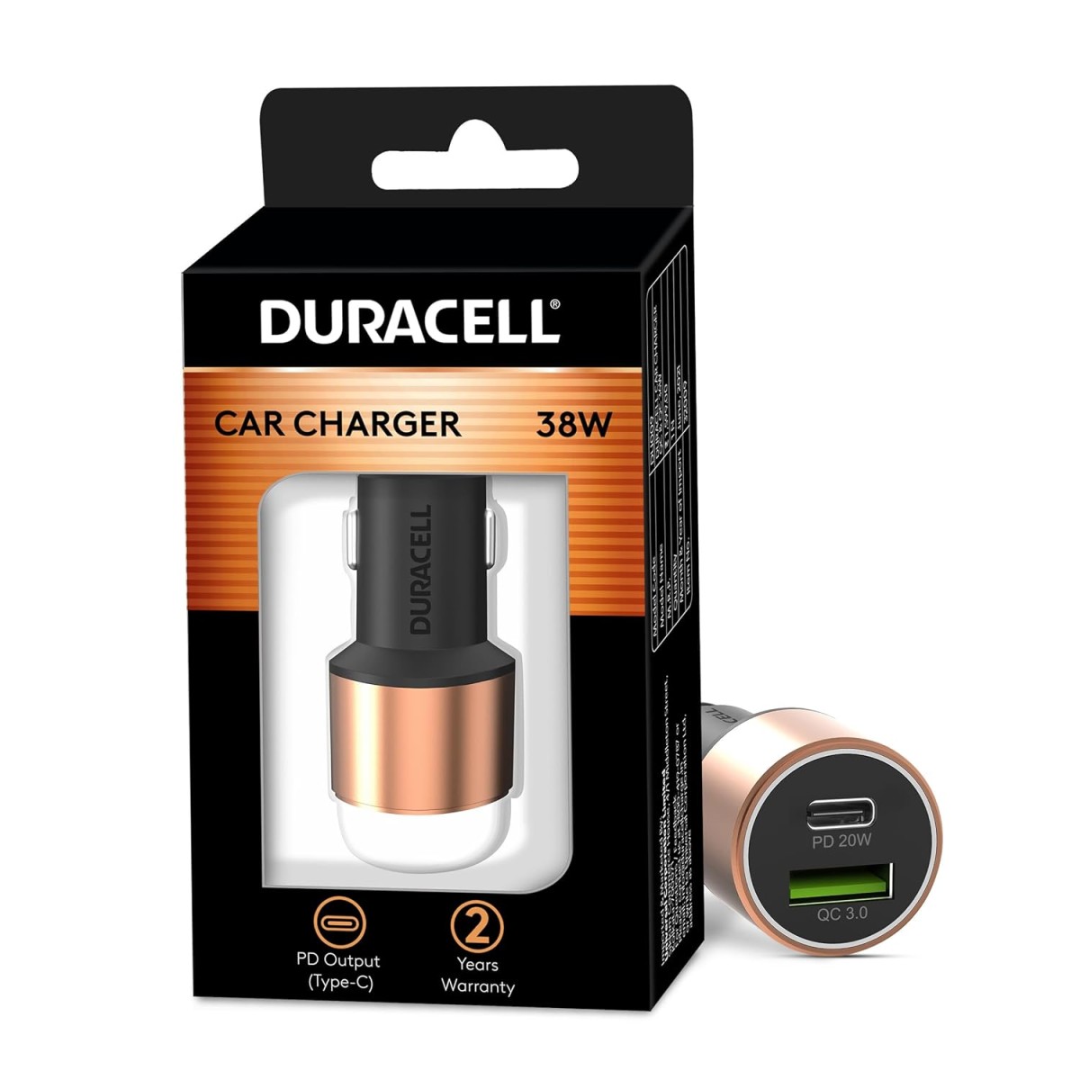 Duracell 38W Fast Car Charger Adapter with Dual Output. Quick Charge, Type C PD 20W & Qualcomm Certified 3.0 (Copper & Black)