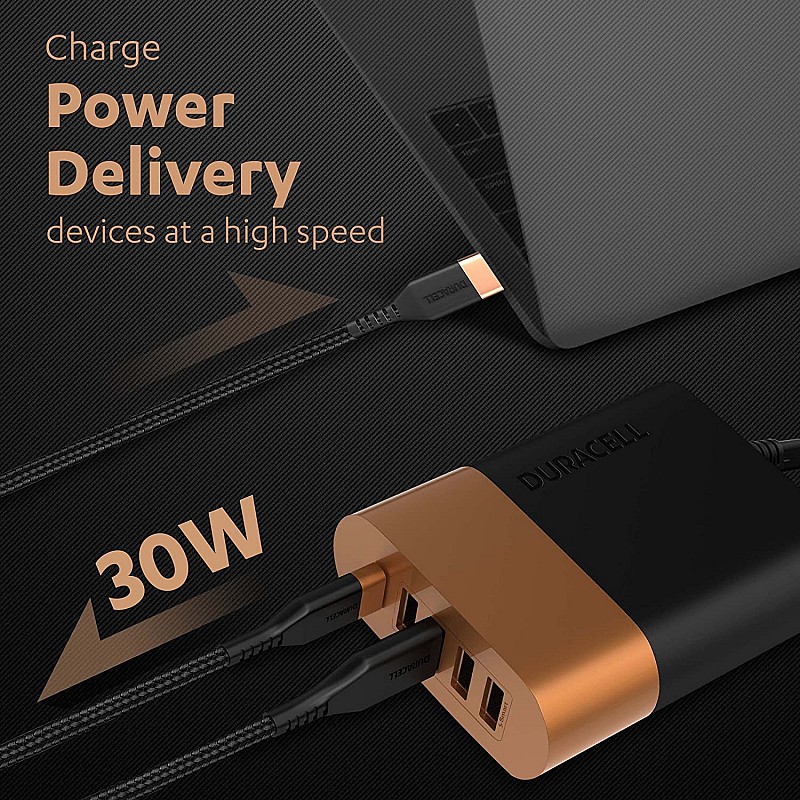 Duracell 60W Fast Desktop Charger Adapter with Type C PD 30W & 4 Smart Fast Charging USB Ports 30W for Mobile, Smartphones- Copper Black