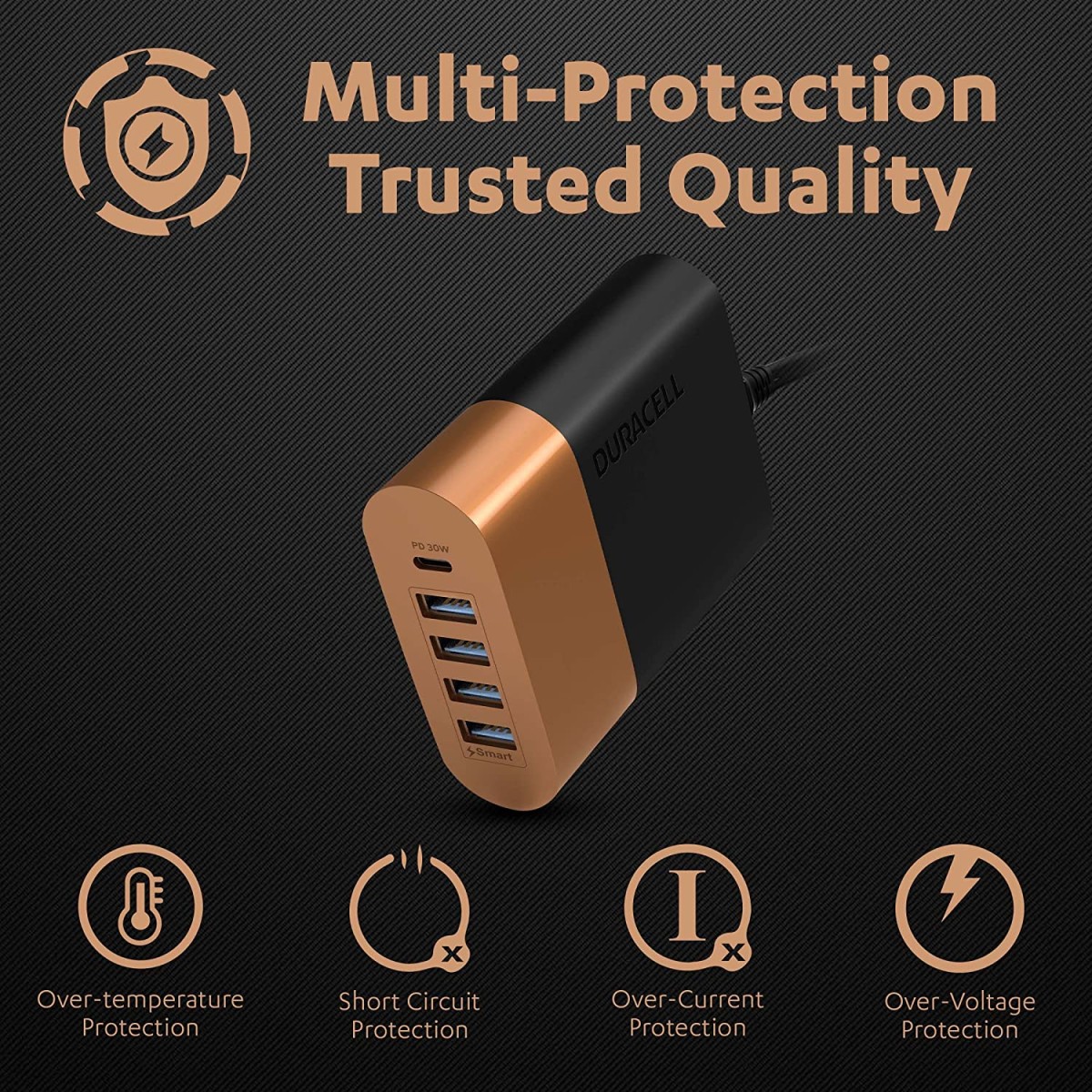 Duracell 60W Fast Desktop Charger Adapter with Type C PD 30W & 4 Smart Fast Charging USB Ports 30W for Mobile, Smartphones- Copper Black