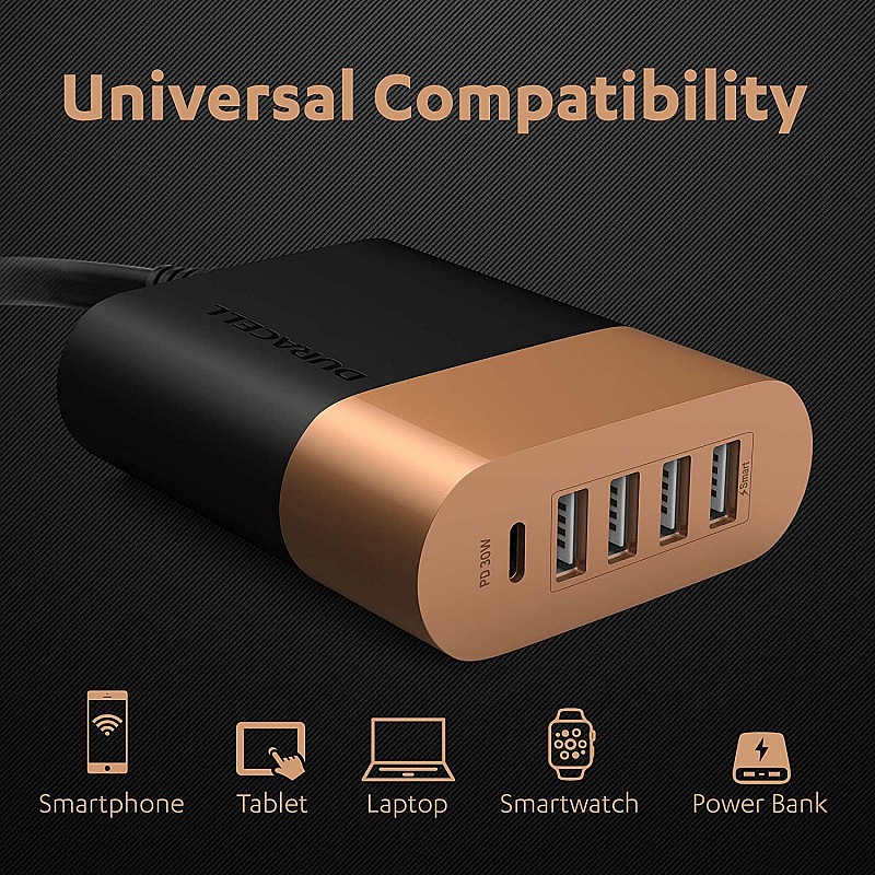 Duracell 60W Fast Desktop Charger Adapter with Type C PD 30W & 4 Smart Fast Charging USB Ports 30W for Mobile, Smartphones- Copper Black