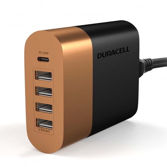 Duracell 60W Fast Desktop Charger Adapter with Type C PD 30W & 4 Smart Fast Charging USB Ports 30W for Mobile, Smartphones- Copper Black