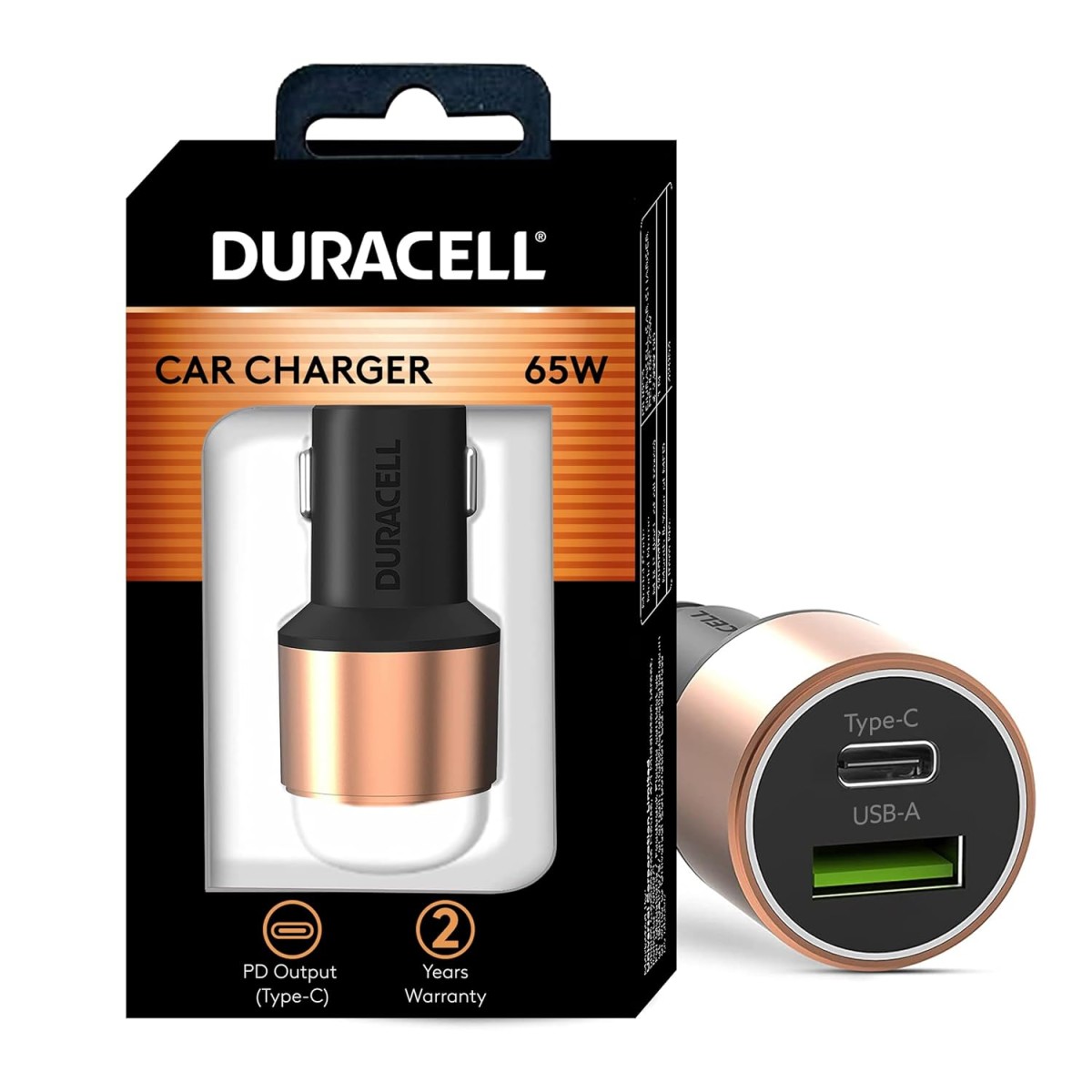 Duracell 65W Fast Car Charger Adapter with Dual Output. Quick Charge, Type C PD 45W & Qualcomm Certified 3.0 20W, Compatible for iPhone, All Smartphones (Copper & Black)