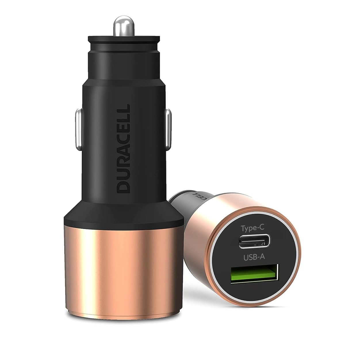 Duracell 65W Fast Car Charger Adapter with Dual Output. Quick Charge, Type C PD 45W & Qualcomm Certified 3.0 20W, Compatible for iPhone, All Smartphones (Copper & Black)