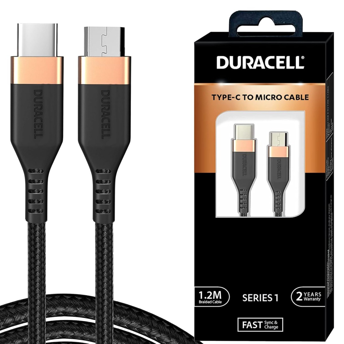 Duracell Type-C To Micro Cable, 2A Braided Sync & Quick Charging Cable, 3.9 Feet (1.2M) braided Sync & Charge Cable, Supports QC 2.0/3.0 Charging, Rapid data transmission, Series 1, Black Duracell Type-C To Micro Cable, 2A Braided Sync & Quick Charging Cable, 3.9 Feet (1.2M) braided Sync & Charge Cable, Supports QC 2.0/3.0 Charging, Rapid data transmission, Series 1, Black