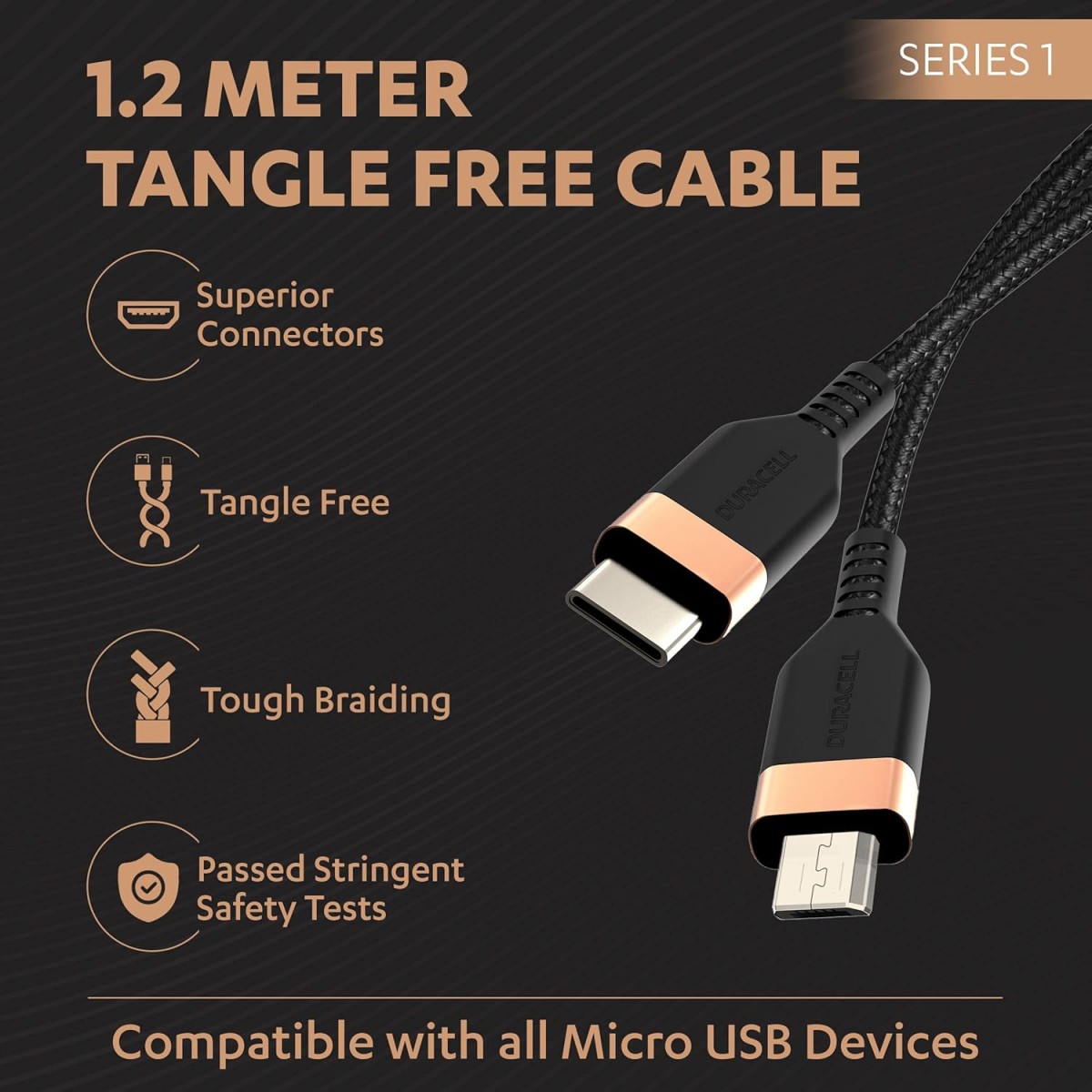 Duracell Type-C To Micro Cable, 2A Braided Sync & Quick Charging Cable, 3.9 Feet (1.2M) braided Sync & Charge Cable, Supports QC 2.0/3.0 Charging, Rapid data transmission, Series 1, Black Duracell Type-C To Micro Cable, 2A Braided Sync & Quick Charging Cable, 3.9 Feet (1.2M) braided Sync & Charge Cable, Supports QC 2.0/3.0 Charging, Rapid data transmission, Series 1, Black