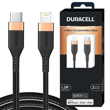 Duracell USB Type C To Lightning Apple Certified (Mfi) Braided Sync & Charge Cable For Iphone, Ipad And Ipod. Fast Charging Lightning Cable, 3.9 Feet (1.2M) - Black Duracell USB Type C To Lightning Apple Certified (Mfi) Braided Sync & Charge Cable For Iphone, Ipad And Ipod. Fast Charging Lightning Cable, 3.9 Feet (1.2M) - Black