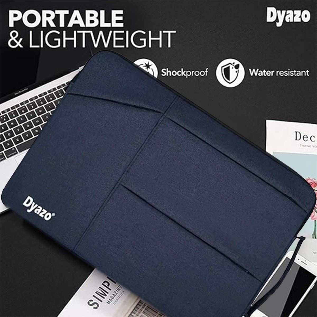 Dyazo 15-15.6 Inch Laptop Sleeve Bag with Three Front Pocket | Water Resistant & Shockproof Protective Cover with Charger Pouch (Blue)