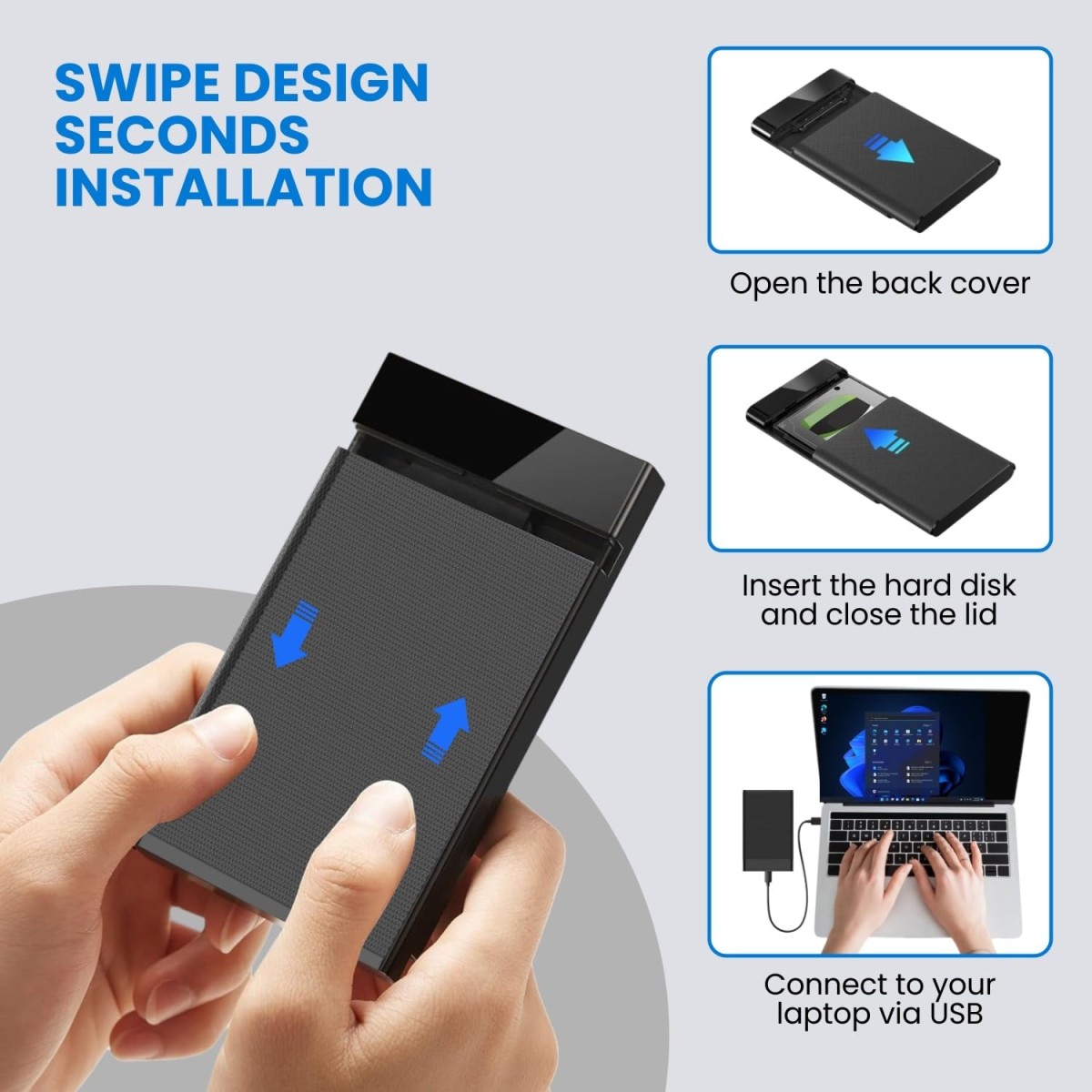 Dyazo 2.5" External Hard Drive Enclosure USB C 3.0 to SATA III | Tool Free SSD/HDD Case for 7mm/9.5mm Drives with UASP Support | Hard Drive Case Compatible with WD, Seagate, Toshiba, Samsung – Black