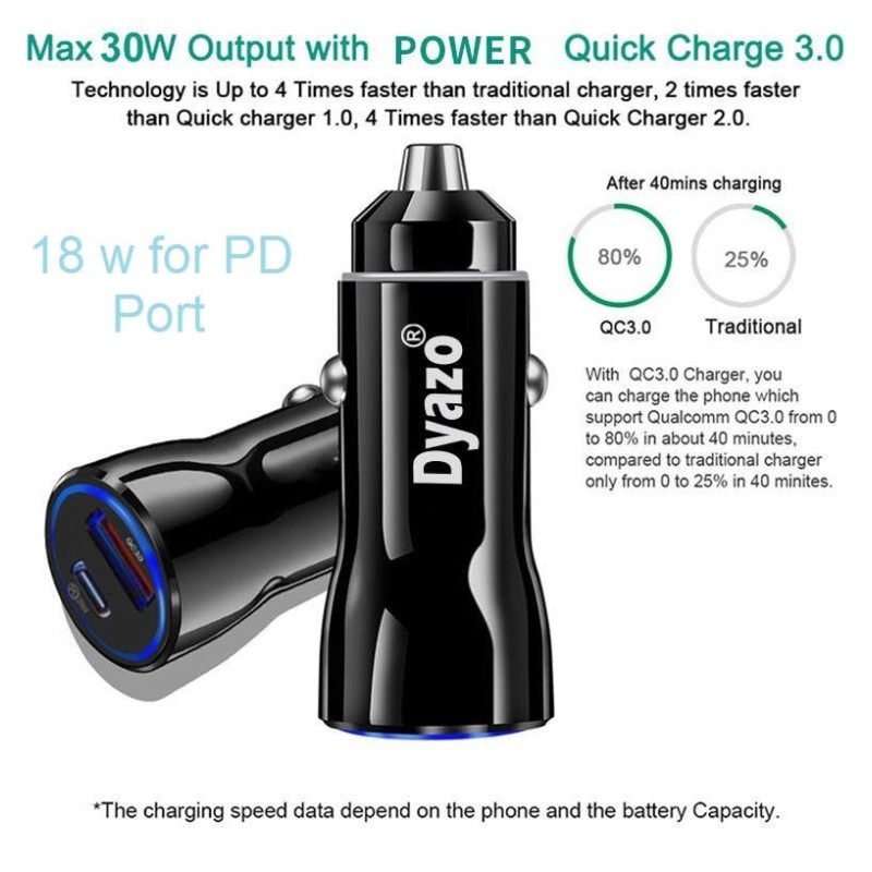 Dyazo 48W Turbo Dual Port Fast car Charger 48W Total(18W Type C PD + 30W USB)| Adapter Compatible for iPhone & Android Smartphones and Tablets (Black)