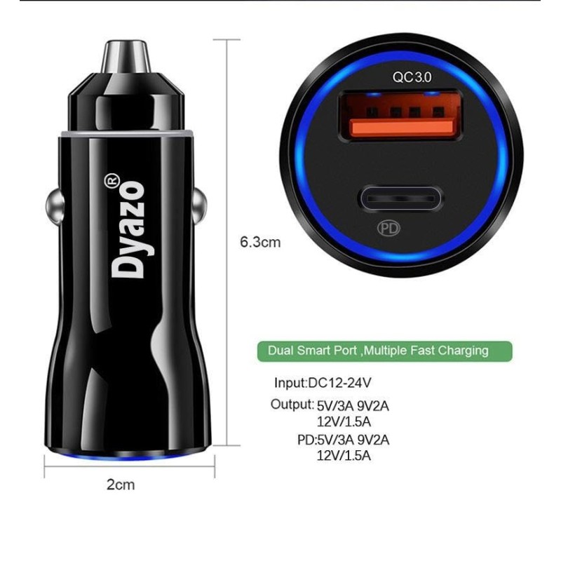 Dyazo 48W Turbo Dual Port Fast car Charger 48W Total(18W Type C PD + 30W USB)| Adapter Compatible for iPhone & Android Smartphones and Tablets (Black)