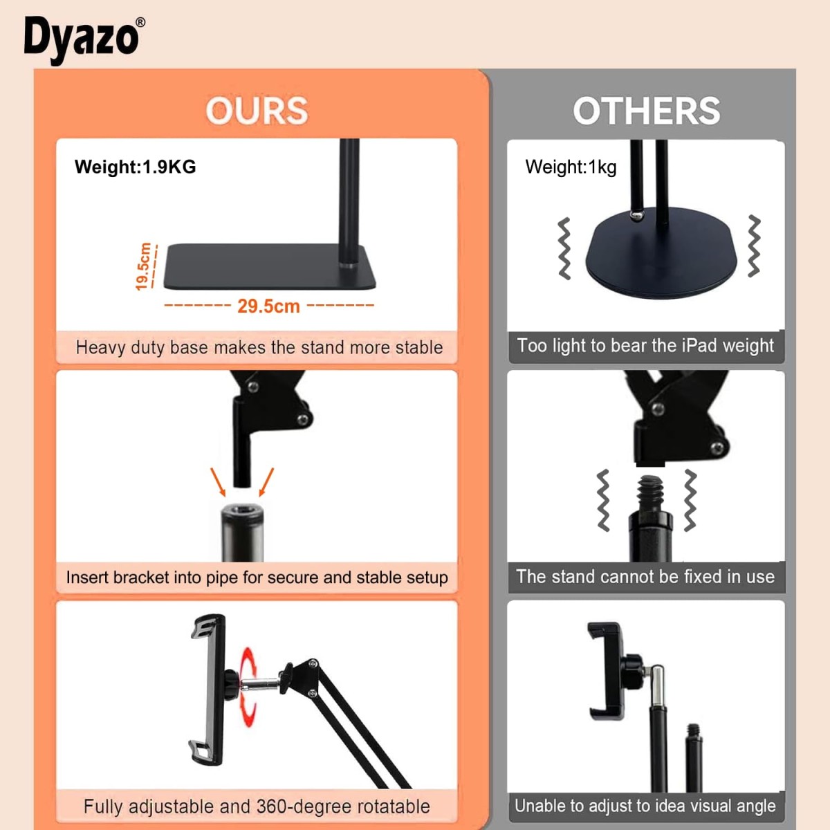 Dyazo Aluminium Tablet Stand Holder with 360° Rotating Base, Multi Angle Adjustments Pad and All Tablets
