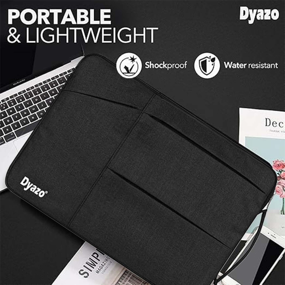 Dyazo Laptop Sleeve 13-13.3 Inch with Charger Pouch | Three Front Pocket & Shockproof Protection | Compatible for MacBook Air, MacBook Pro, Surface Pro X/7/6/5/4M, HP, Dell, ASUS and Lenovo (Black)