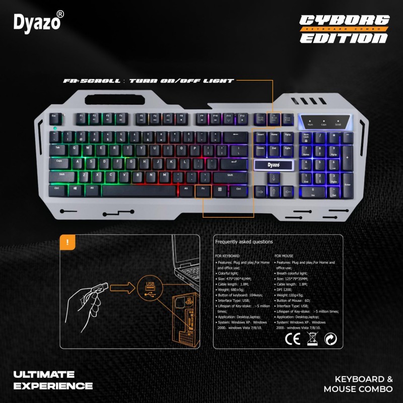 Dyazo Metal Gaming Keyboard & Mouse Combo RGB Static Light| 12 Multimedia Keys | Braided Cable 1.5 Metres (Silver)