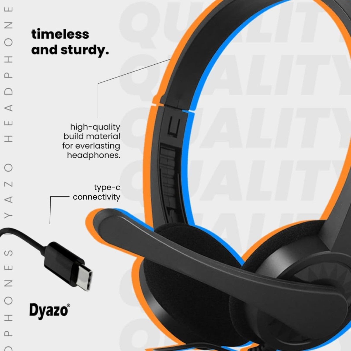 Dyazo Type C Wired Headphones with Mic | Lightweight On Ear Headset Compatible for PC, Mobile Phones, Laptop & MacBook (Black)