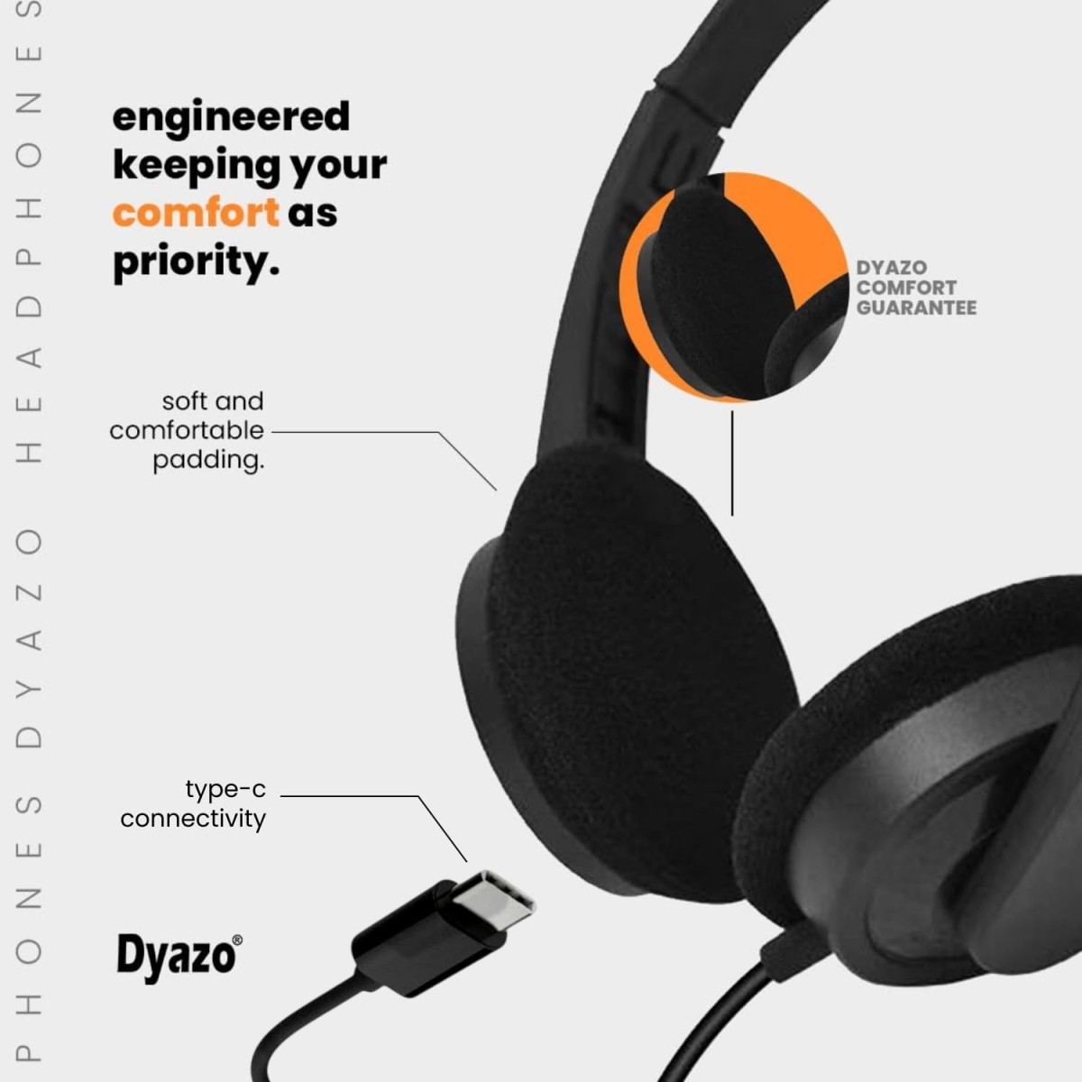 Dyazo Type C Wired Headphones with Mic | Lightweight On Ear Headset Compatible for PC, Mobile Phones, Laptop & MacBook (Black)